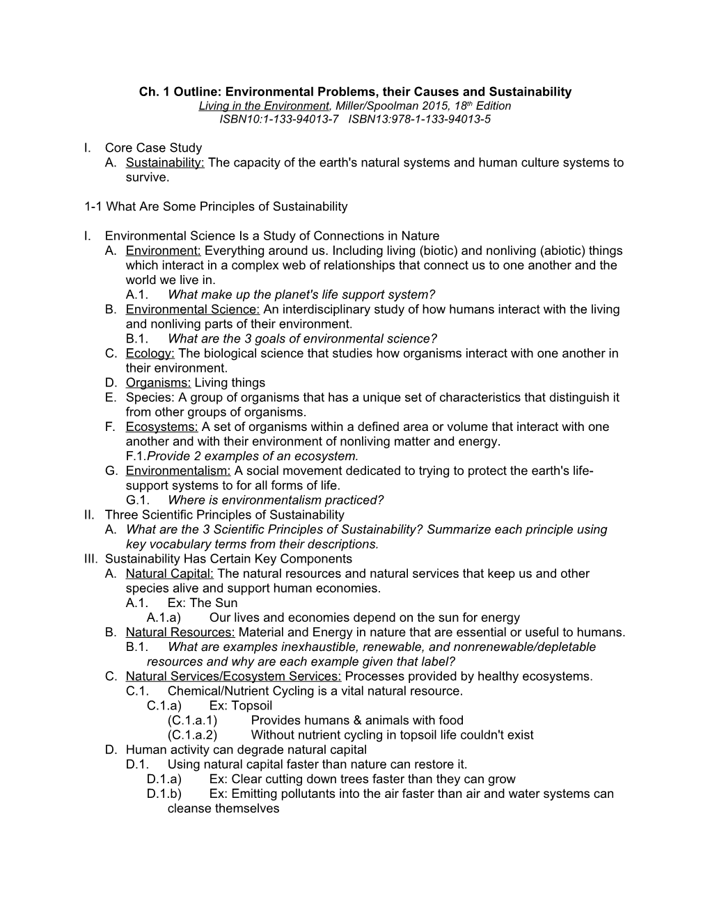 Ch. 1 Outline: Environmental Problems, Their Causes and Sustainability