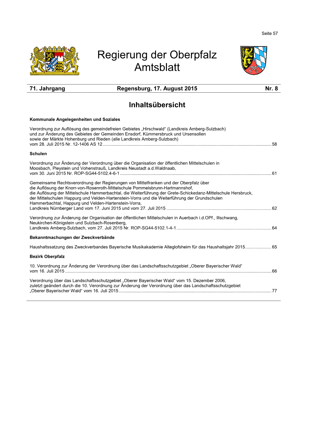 Amtsblatt Der Regierung Der Oberpfalz Nr. 8/2015