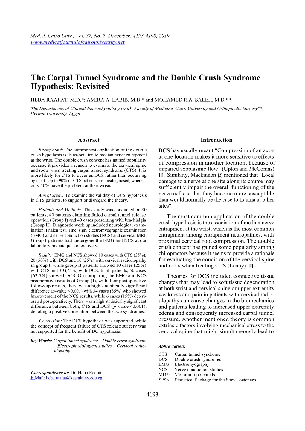 The Carpal Tunnel Syndrome and the Double Crush Syndrome Hypothesis: Revisited