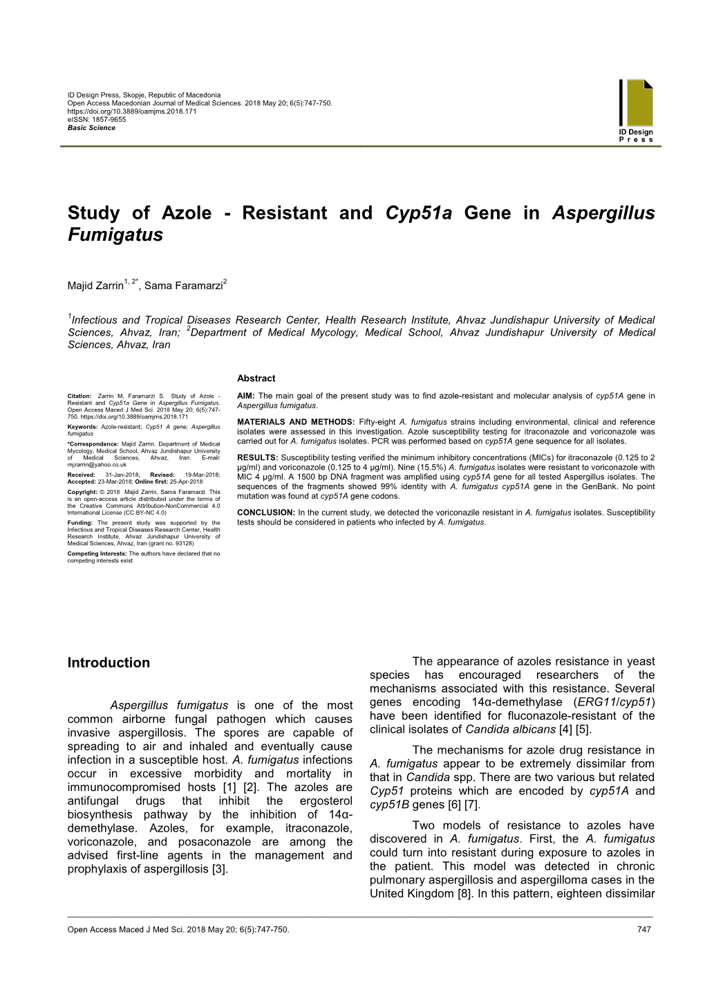 Resistant and Cyp51a Gene in Aspergillus Fumigatus