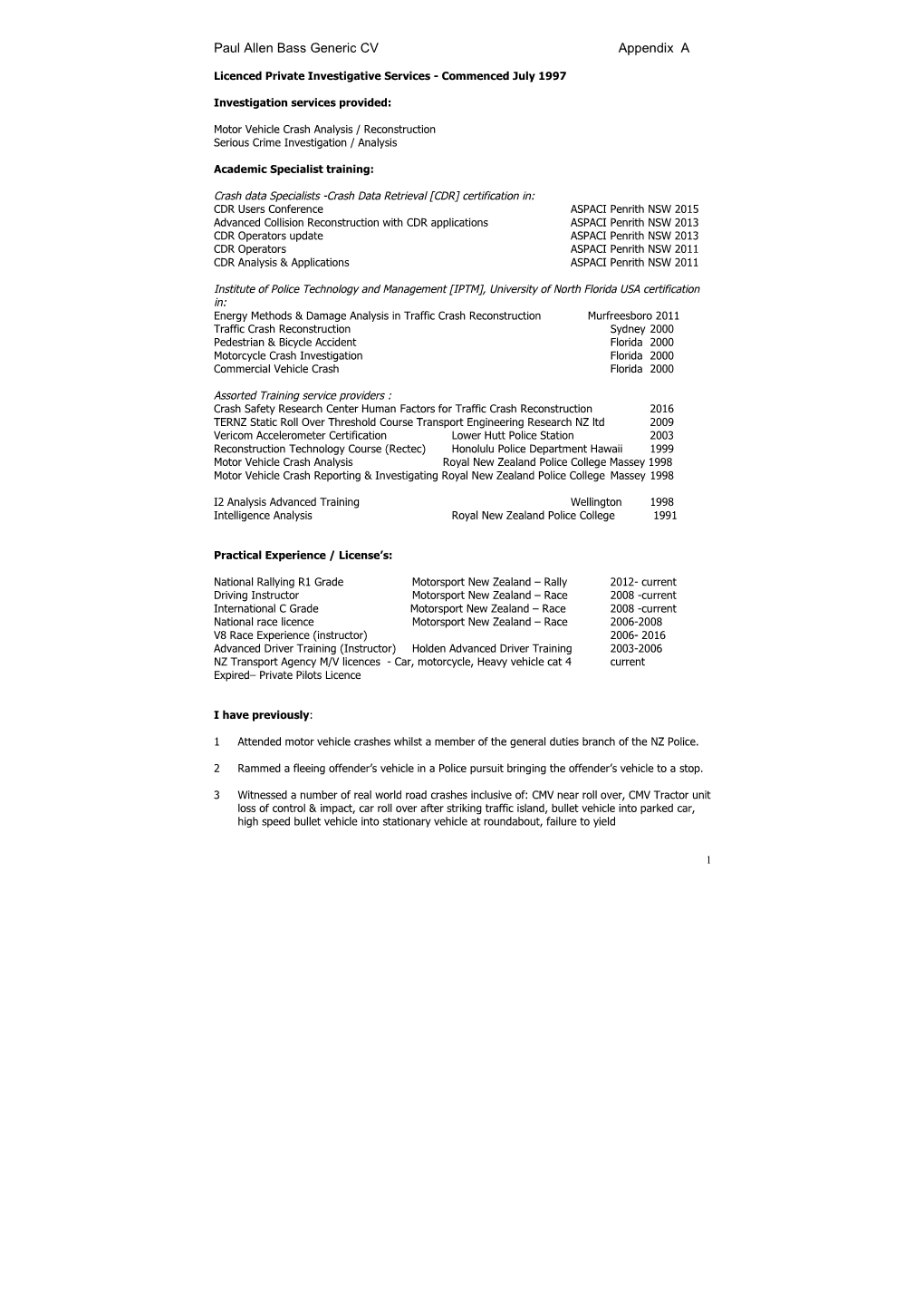 Paul Allen Bass Generic CV Appendix A