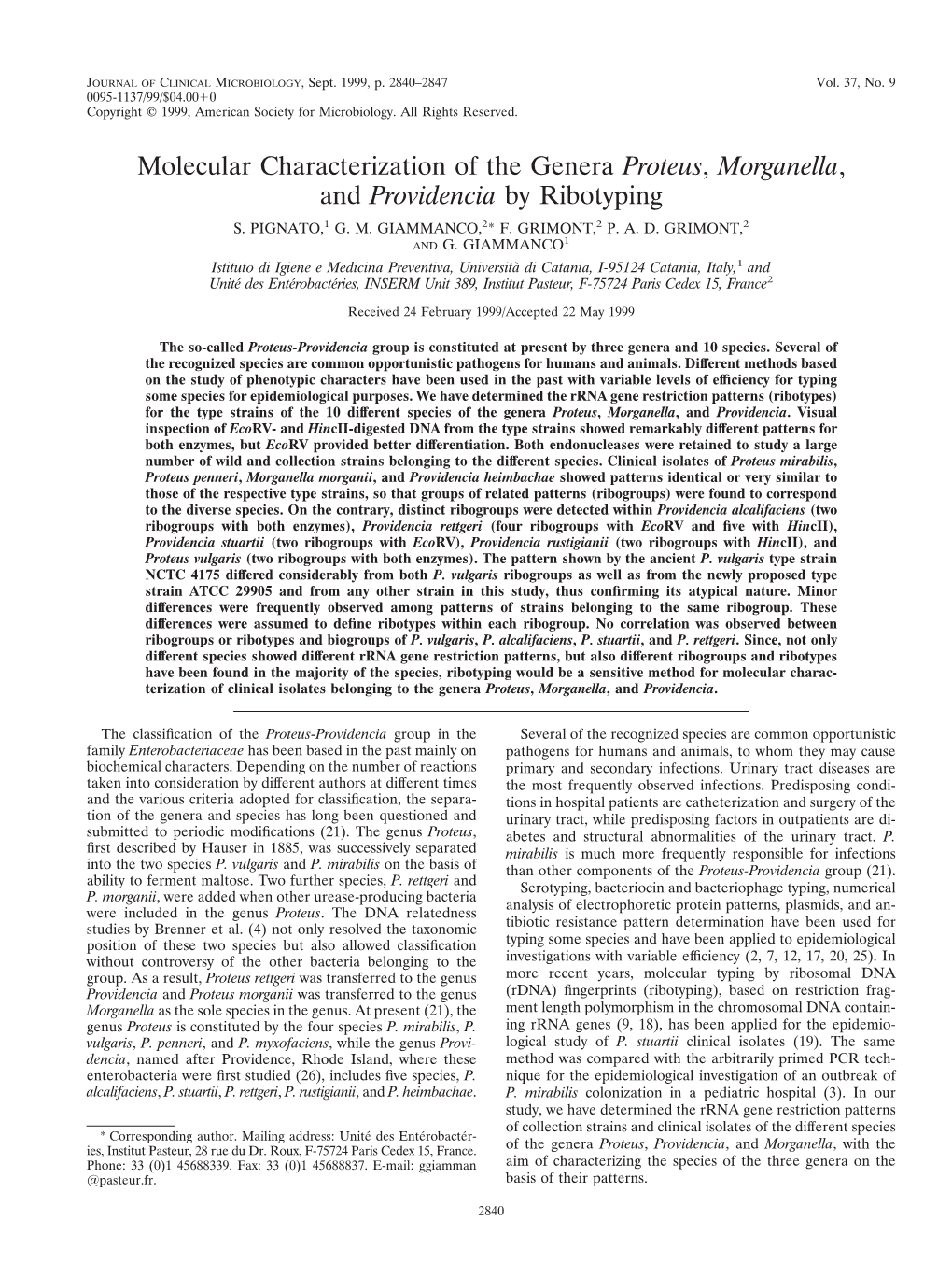 Molecular Characterization of the Genera Proteus, Morganella, and Providencia by Ribotyping S