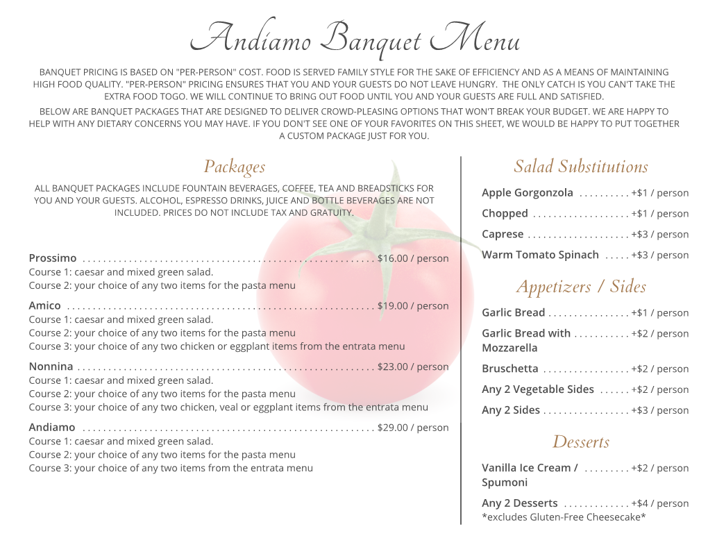 Andiamo Banquet Menu Page 1