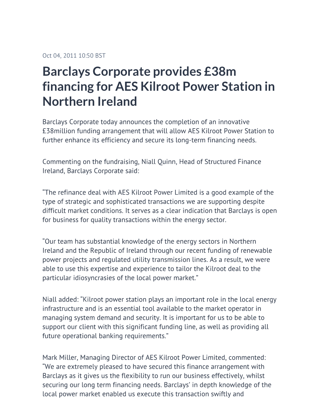 Barclays Corporate Provides £38M Financing for AES Kilroot Power Station in Northern Ireland