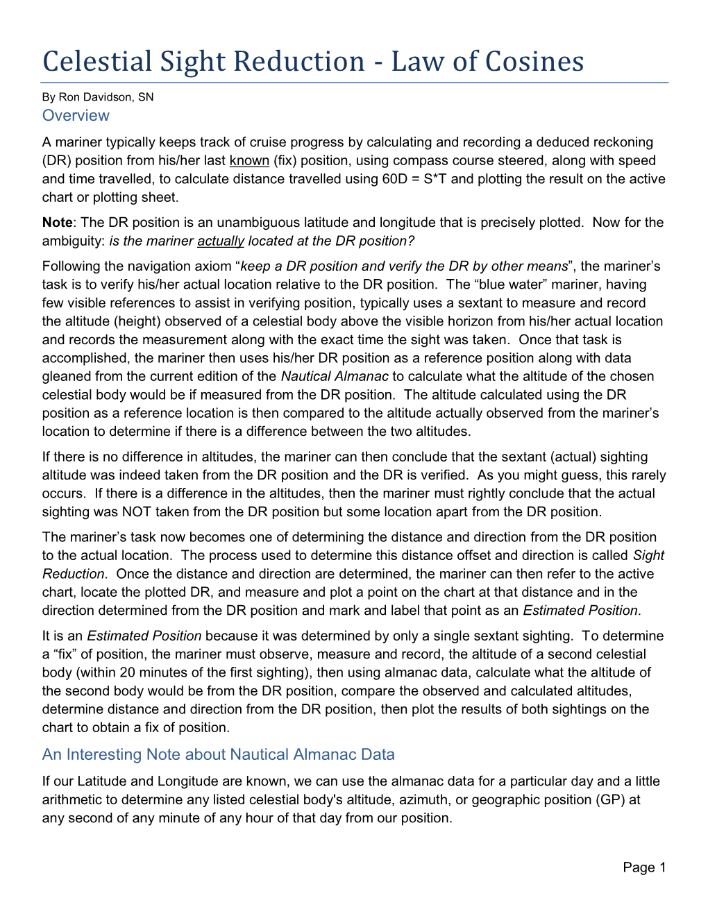 Celestial Sight Reduction - Law of Cosines