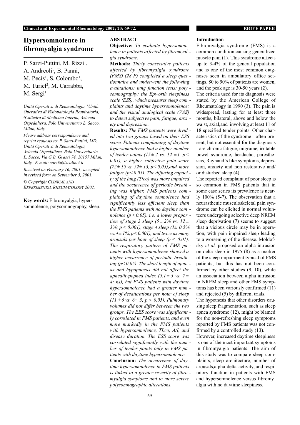 Hypersomnolence in Fibromyalgia Syndrome