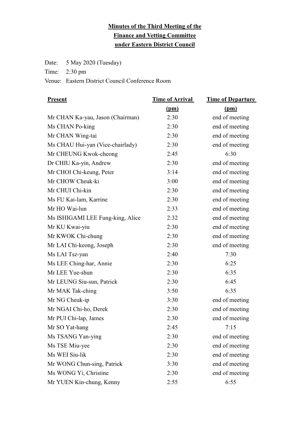 Minutes of the Third Meeting of the Finance and Vetting Committee Under Eastern District Council