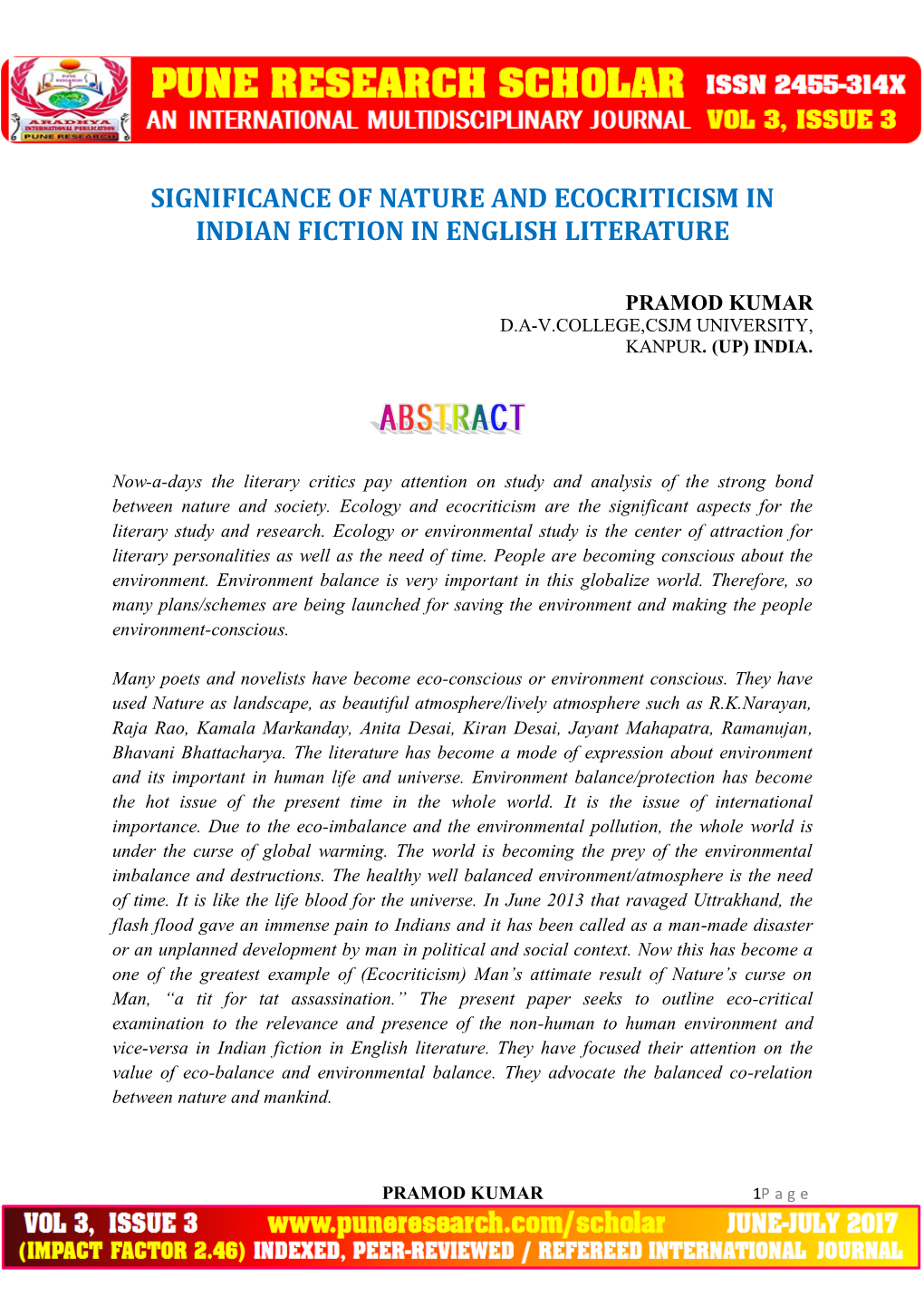 Significance of Nature and Ecocriticism in Indian Fiction in English Literature