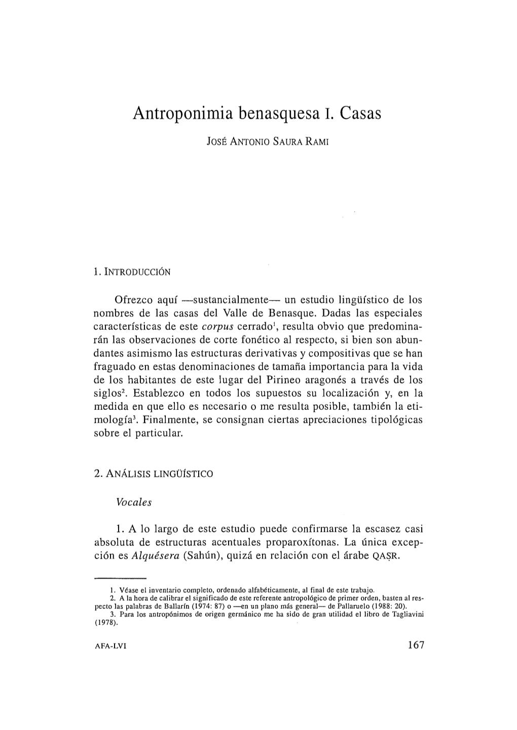 11. Antroponimia Benasquesa. I. Casas, Por José Antonio Saura