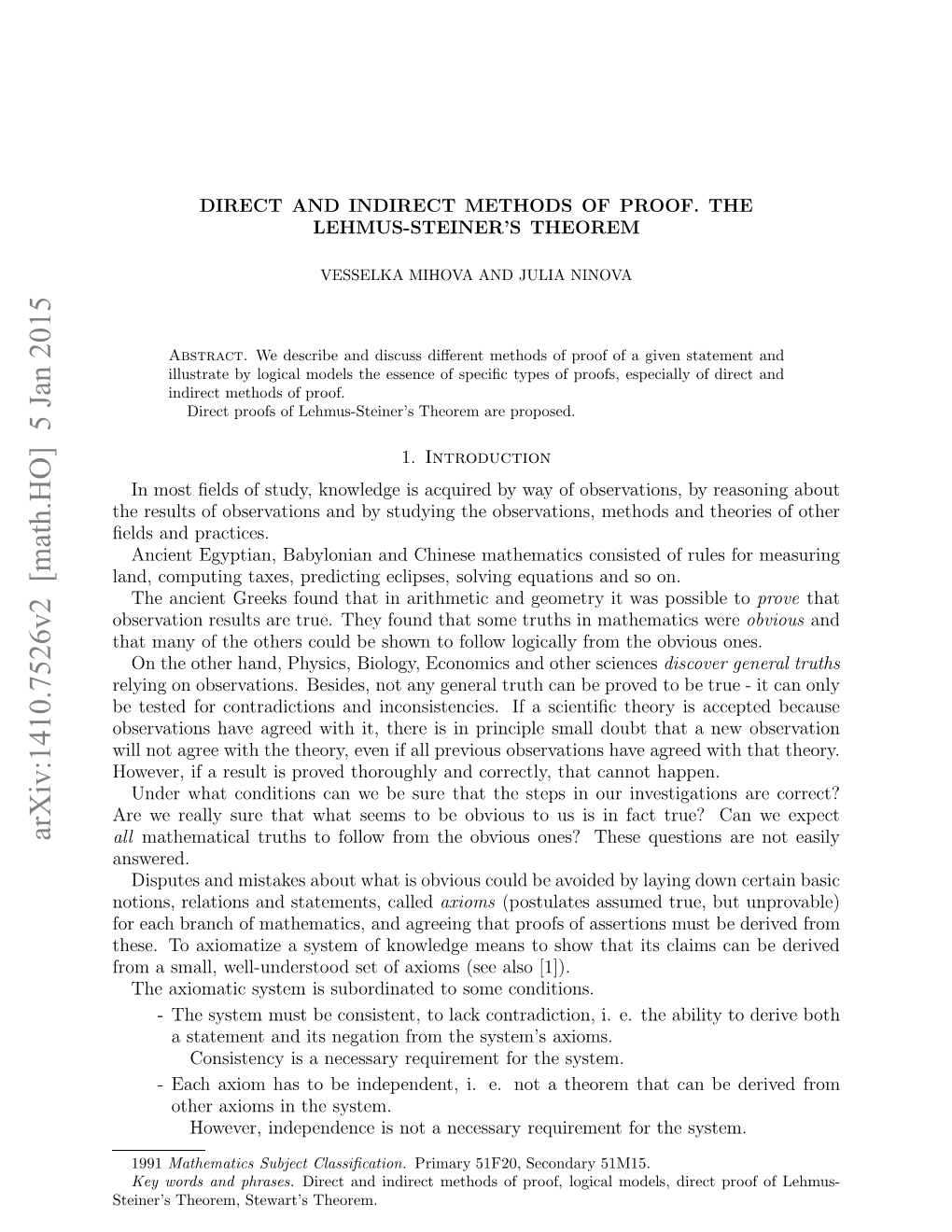 Arxiv:1410.7526V2 [Math.HO] 5 Jan 2015 Tie’ Hoe,Seatstheorem