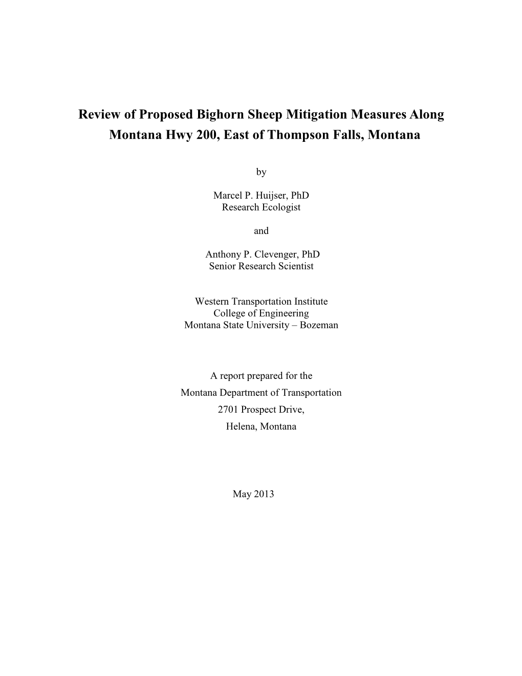 Review of Proposed Bighorn Sheep Mitigation Measures Along Montana Hwy 200, East of Thompson Falls, Montana