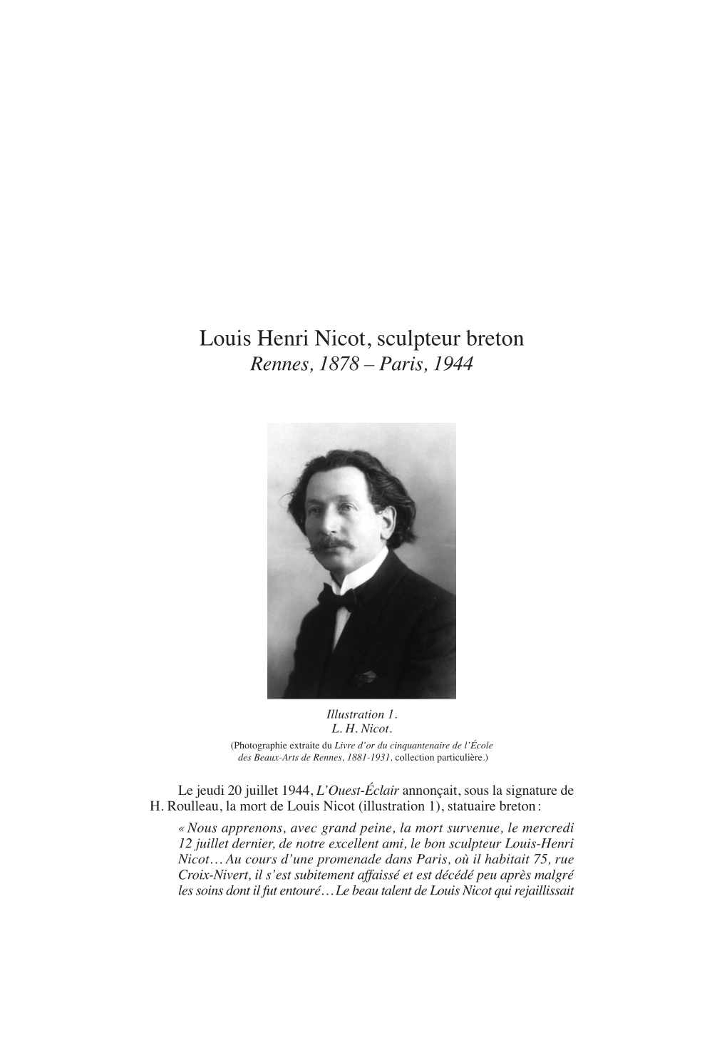 Louis Henri Nicot, Sculpteur Breton Rennes, 1878 – Paris, 1944