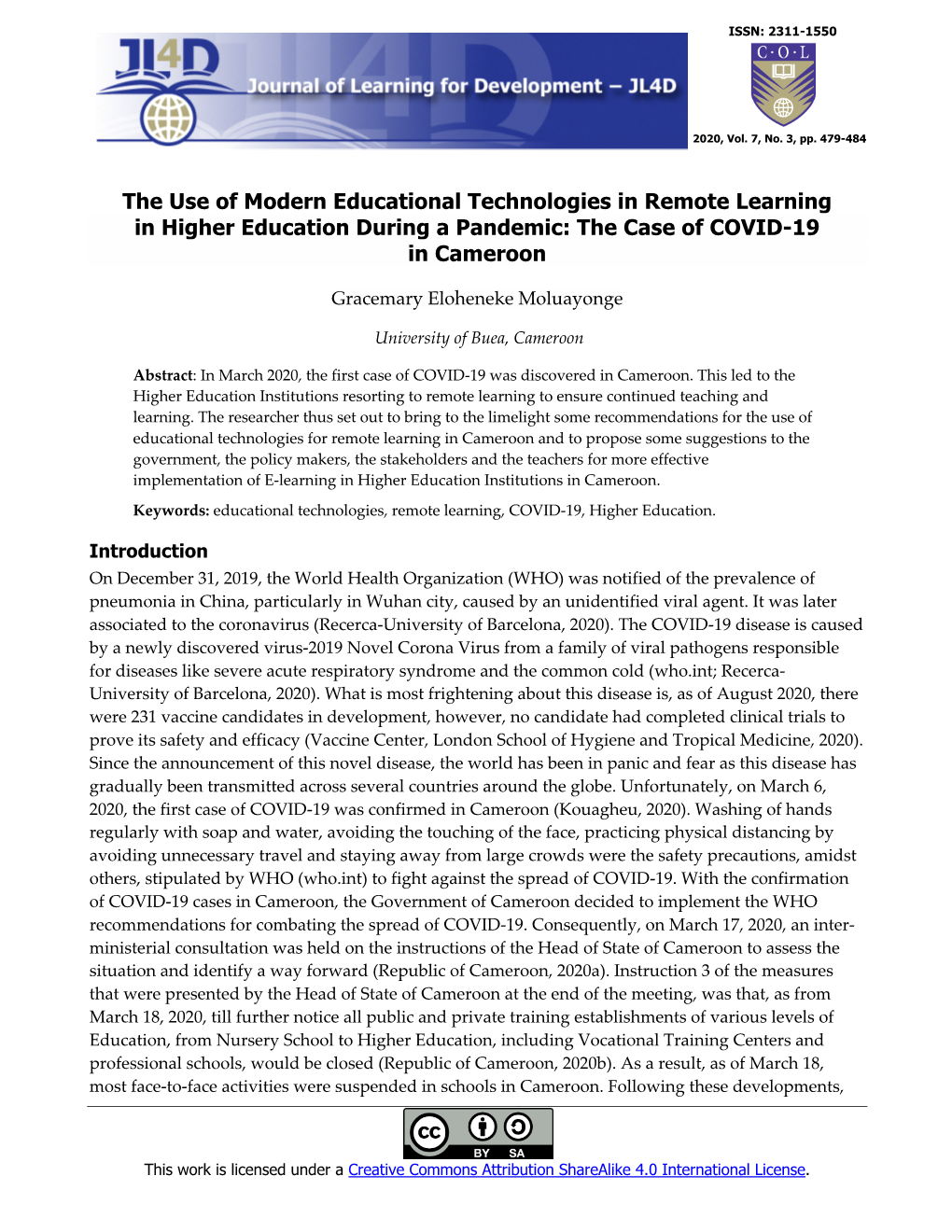 The Use of Modern Educational Technologies in Remote Learning in Higher Education During a Pandemic: the Case of COVID-19 in Cameroon