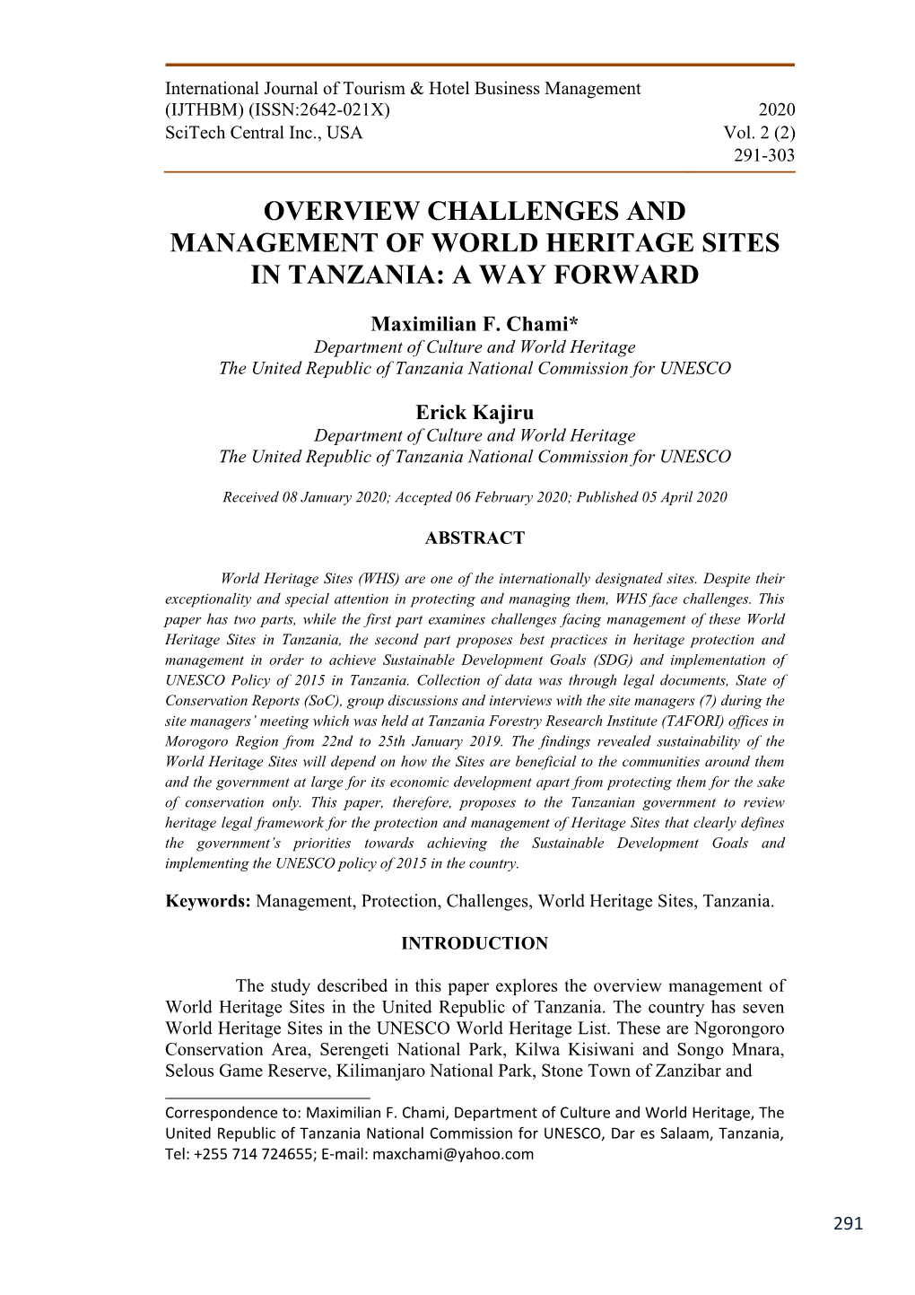 Overview Challenges and Management of World Heritage Sites in Tanzania: a Way Forward