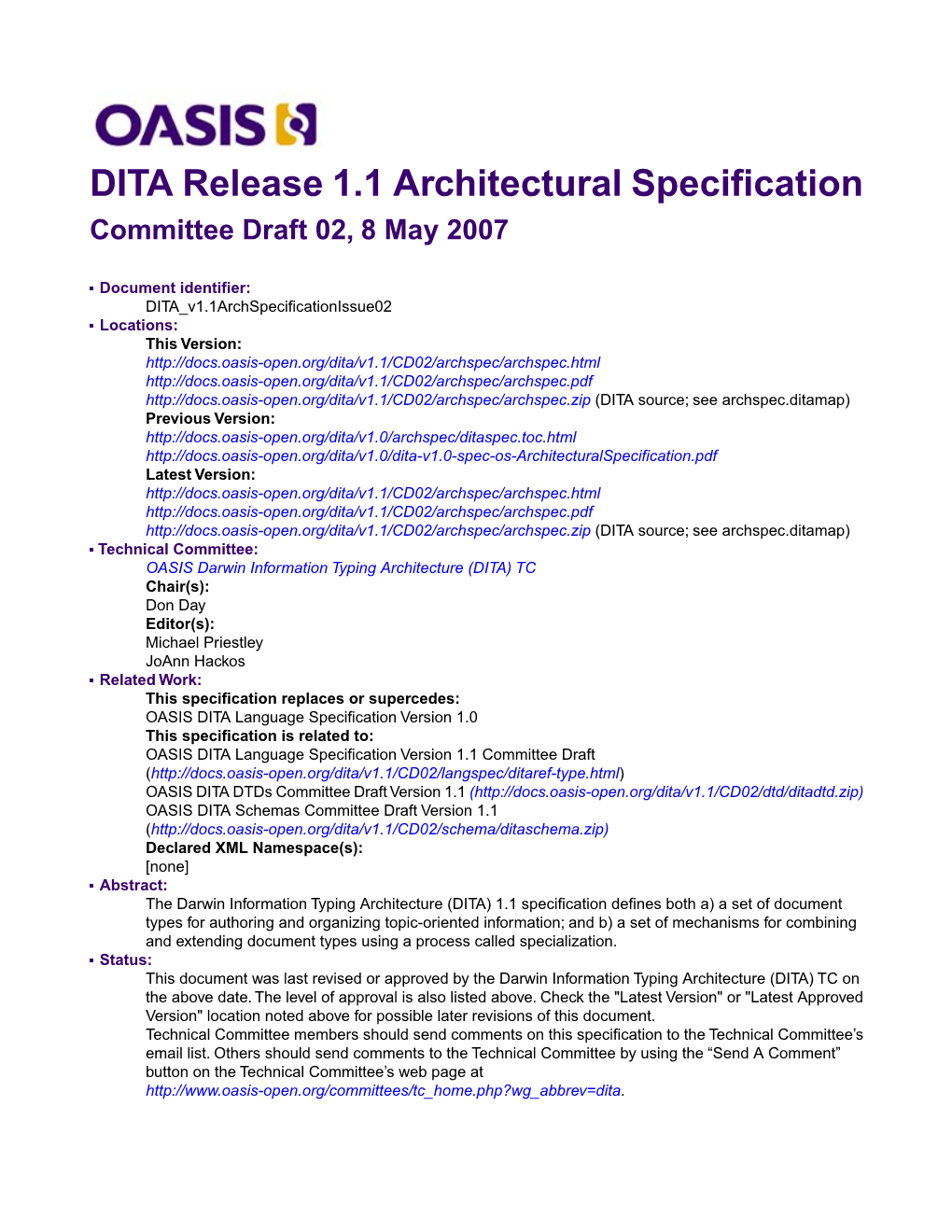 DITA Architectural Specification V1.1