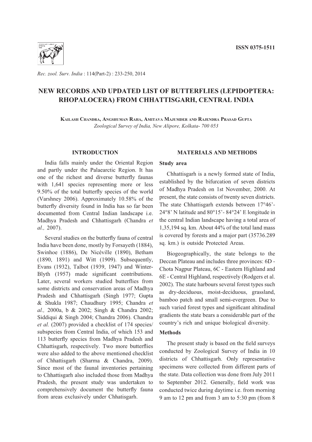 New Records and Updated List of Butterflies (Lepidoptera: Rhopalocera) from Chhattisgarh, Central India