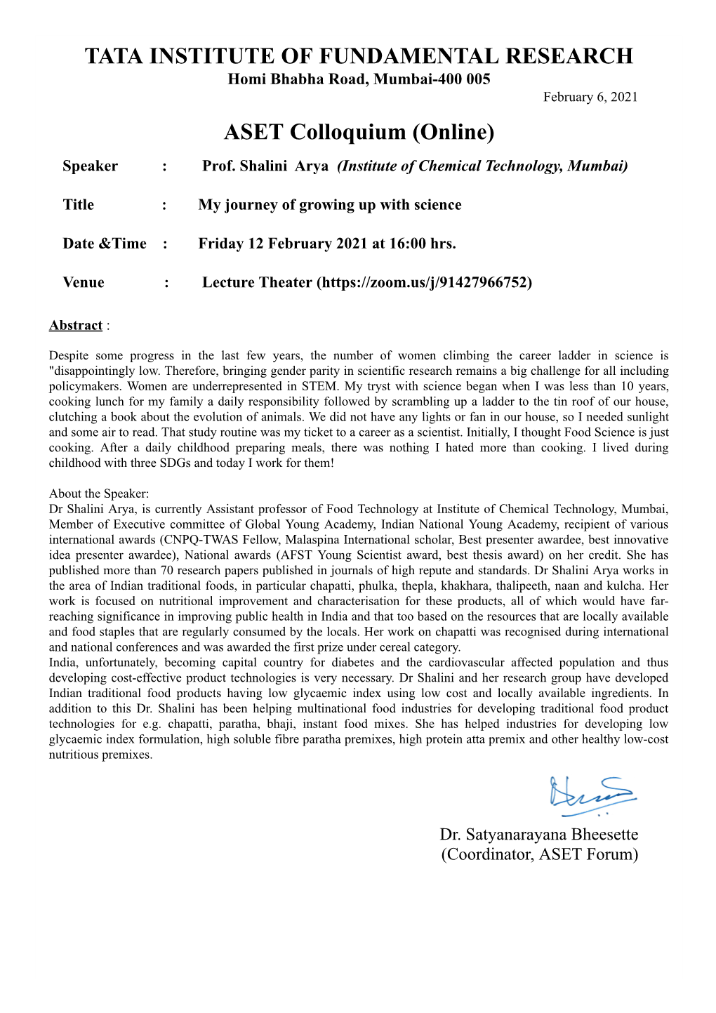 TATA INSTITUTE of FUNDAMENTAL RESEARCH ASET Colloquium