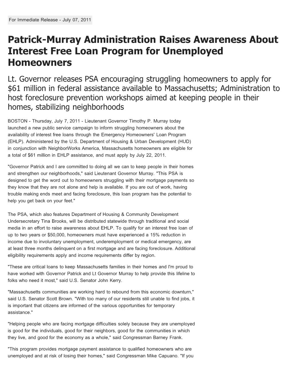 Patrick-Murray Administration Raises Awareness About Interest Free Loan Program for Unemployed Homeowners Lt