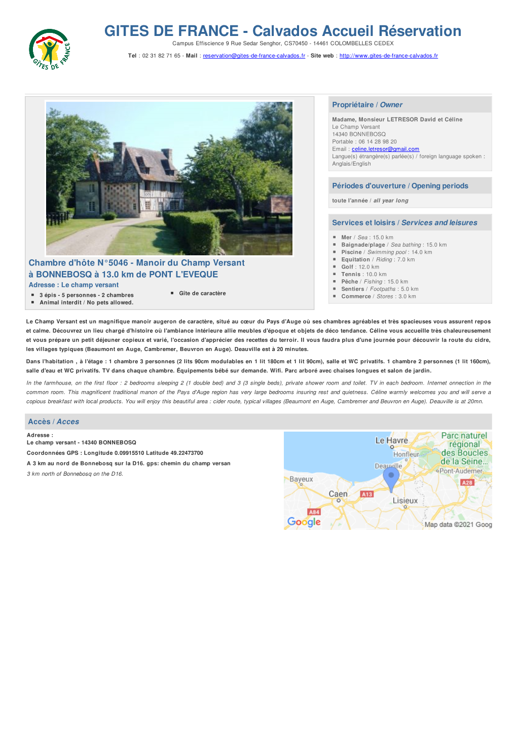 GITES DE FRANCE - Calvados Accueil Réservation Campus Effiscience 9 Rue Sedar Senghor, CS70450 - 14461 COLOMBELLES CEDEX