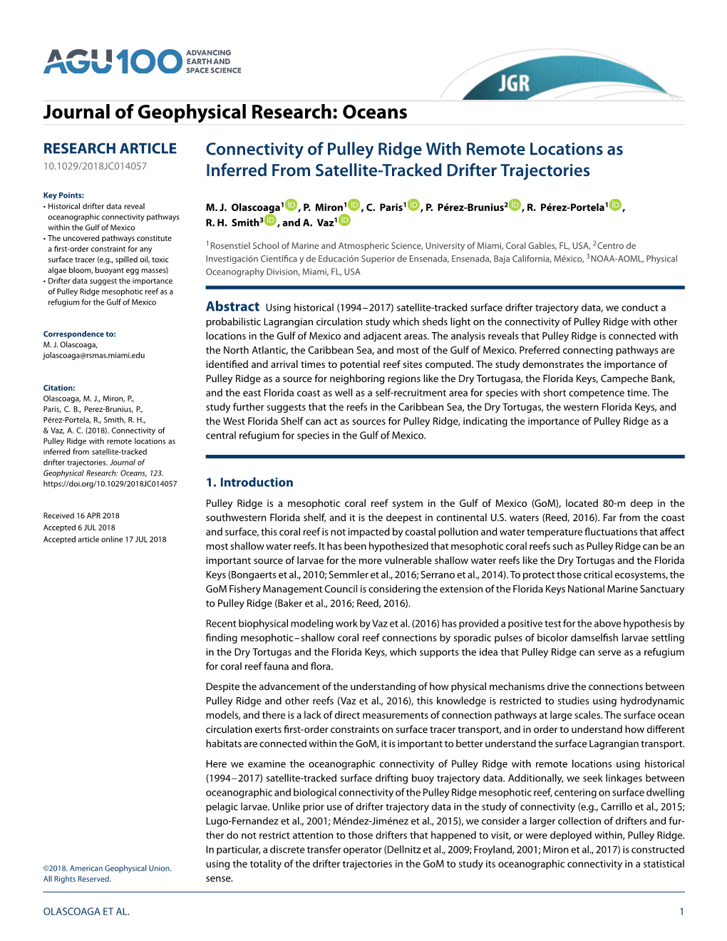 Connectivity of Pulley Ridge with Remote Locations As Inferred From