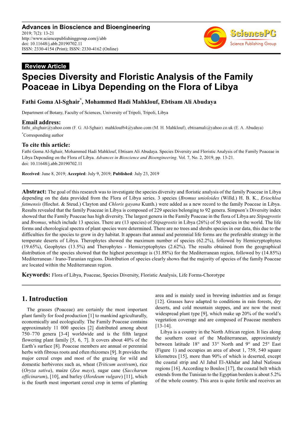 Species Diversity and Floristic Analysis of the Family Poaceae in Libya Depending on the Flora of Libya