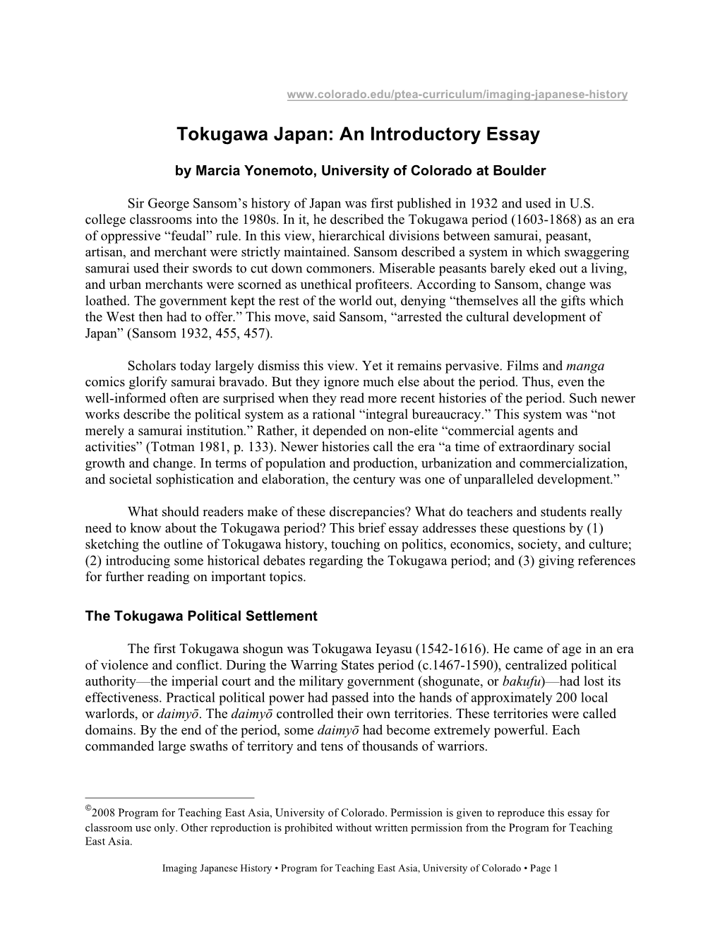 Tokugawa Japan: an Introductory Essay