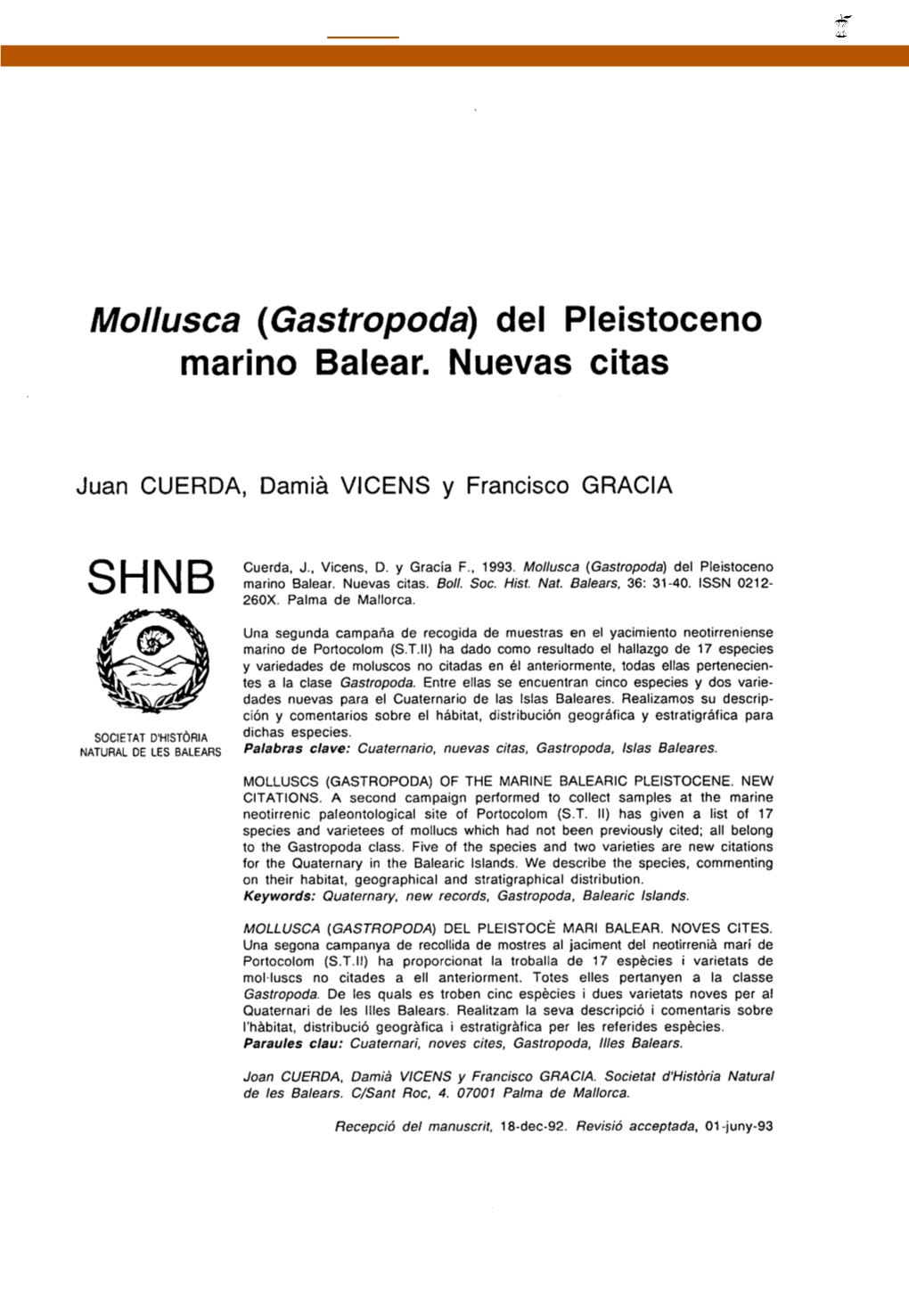 Gastropoda) Del Pleistoceno Marino Balear