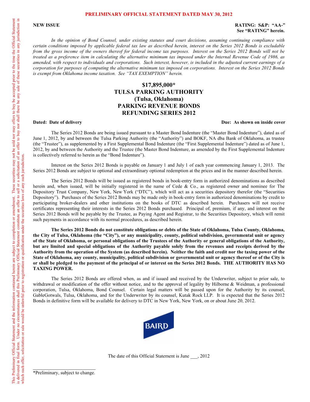 Parking Revenue Bonds Refunding Series 2012