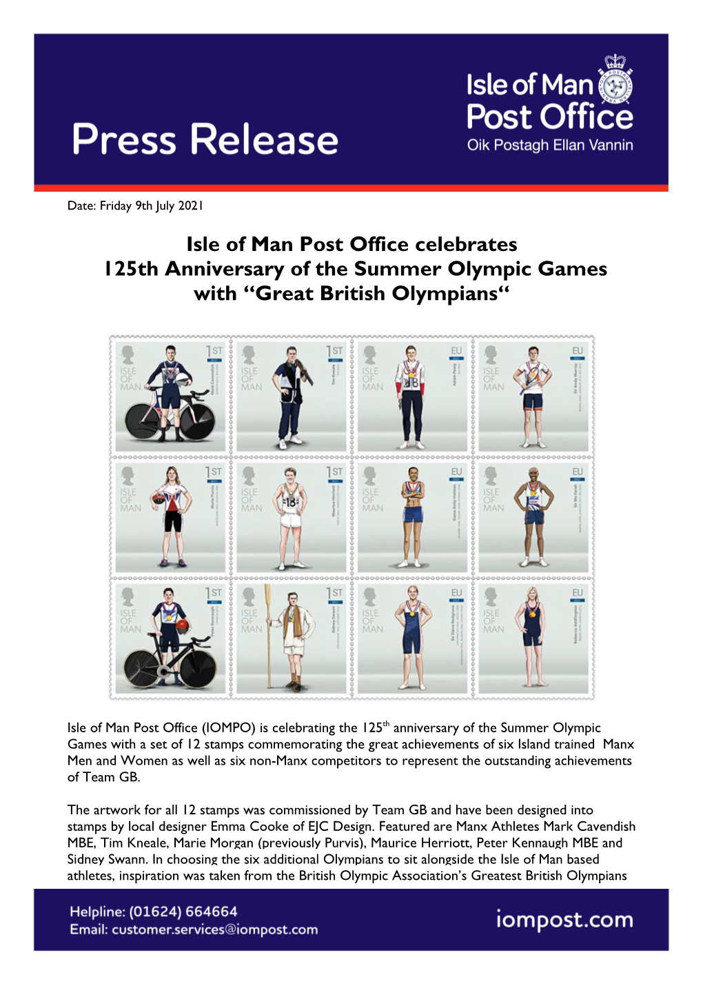 Isle of Man Post Office Celebrates 125Th Anniversary of the Summer Olympic Games with “Great British Olympians“