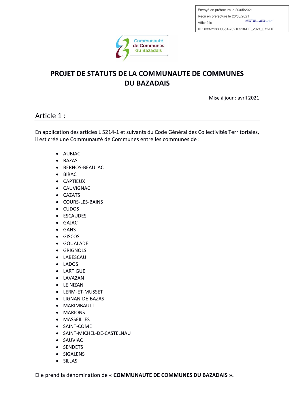 Projet De Statuts De La Communaute De Communes Du Bazadais