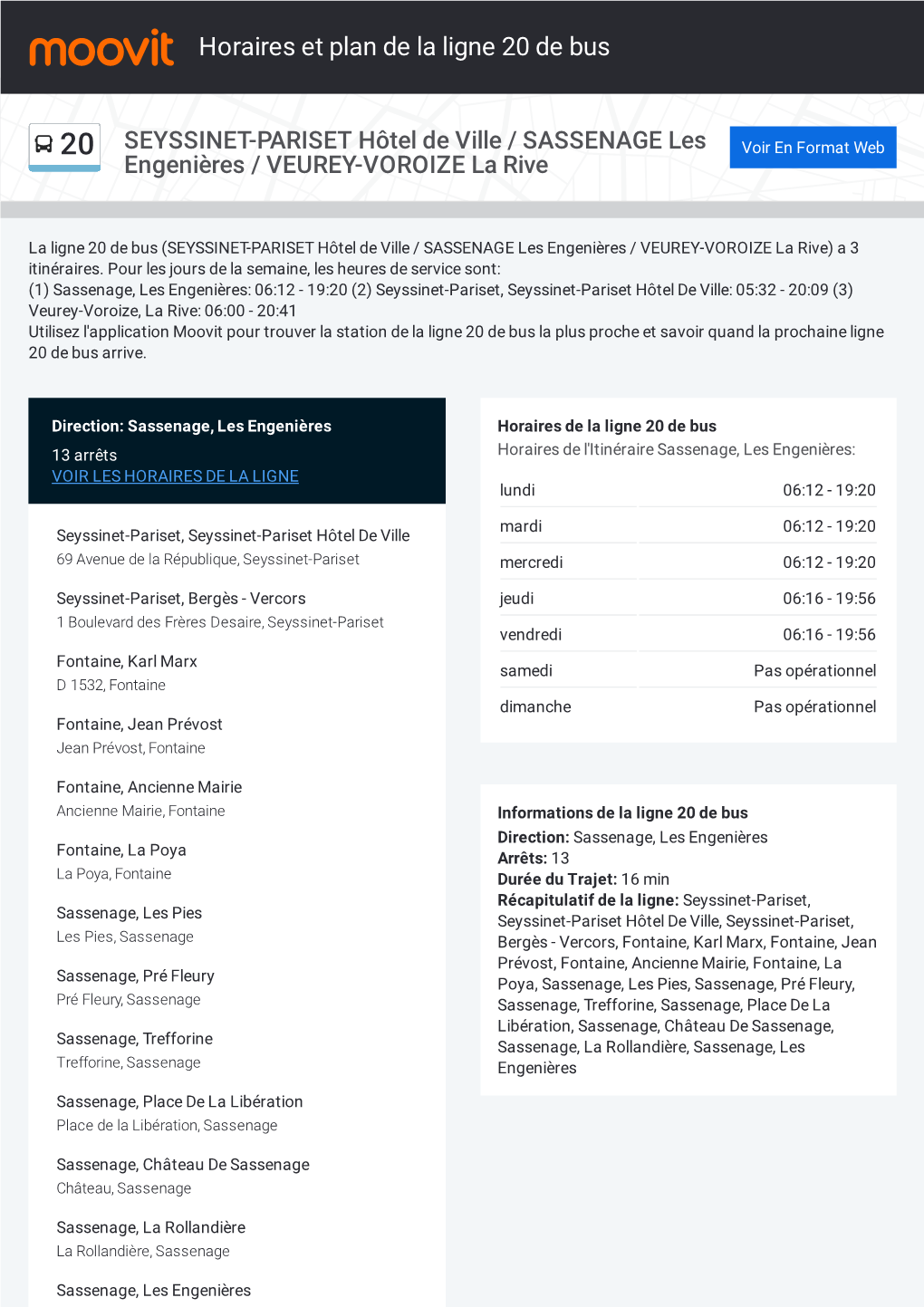 Horaires Et Trajet De La Ligne 20 De Bus Sur Une Carte