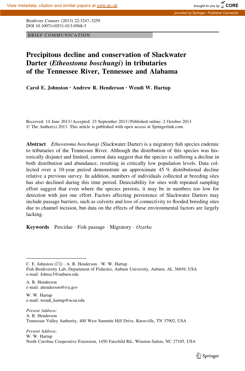 Precipitous Decline and Conservation of Slackwater Darter (Etheostoma Boschungi) in Tributaries of the Tennessee River, Tennessee and Alabama