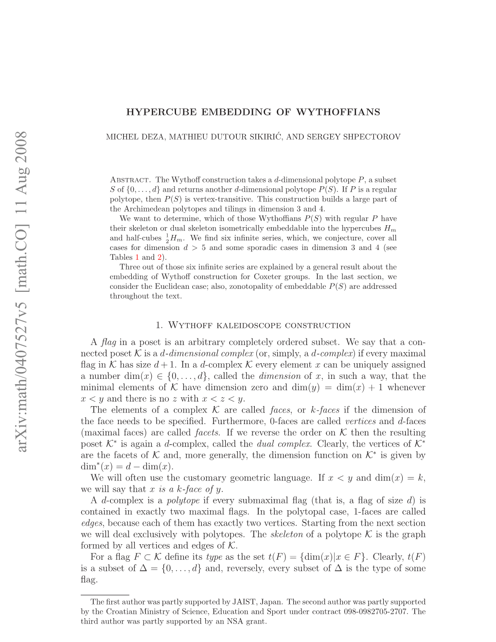 Arxiv:Math/0407527V5 [Math.CO] 11 Aug 2008 Ewl Elecuieywt Oyoe.The 1-Fa Polytopes