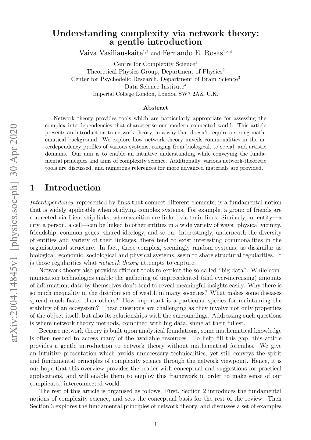 Understanding Complexity Via Network Theory: a Gentle Introduction Vaiva Vasiliauskaite1,2 and Fernando E