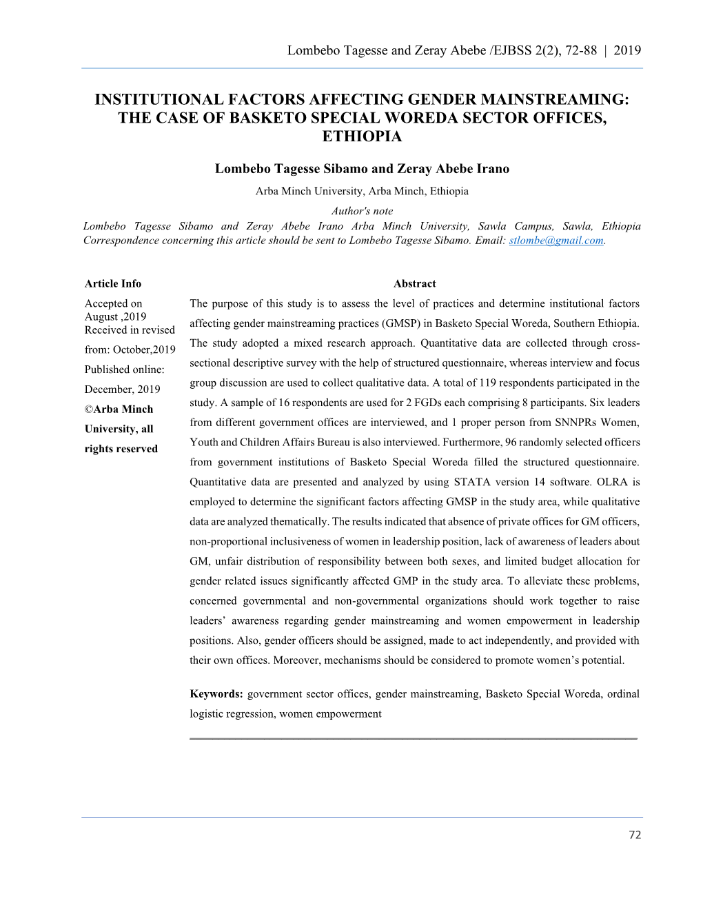 Institutional Factors Affecting Gender Mainstreaming: the Case of Basketo Special Woreda Sector Offices, Ethiopia