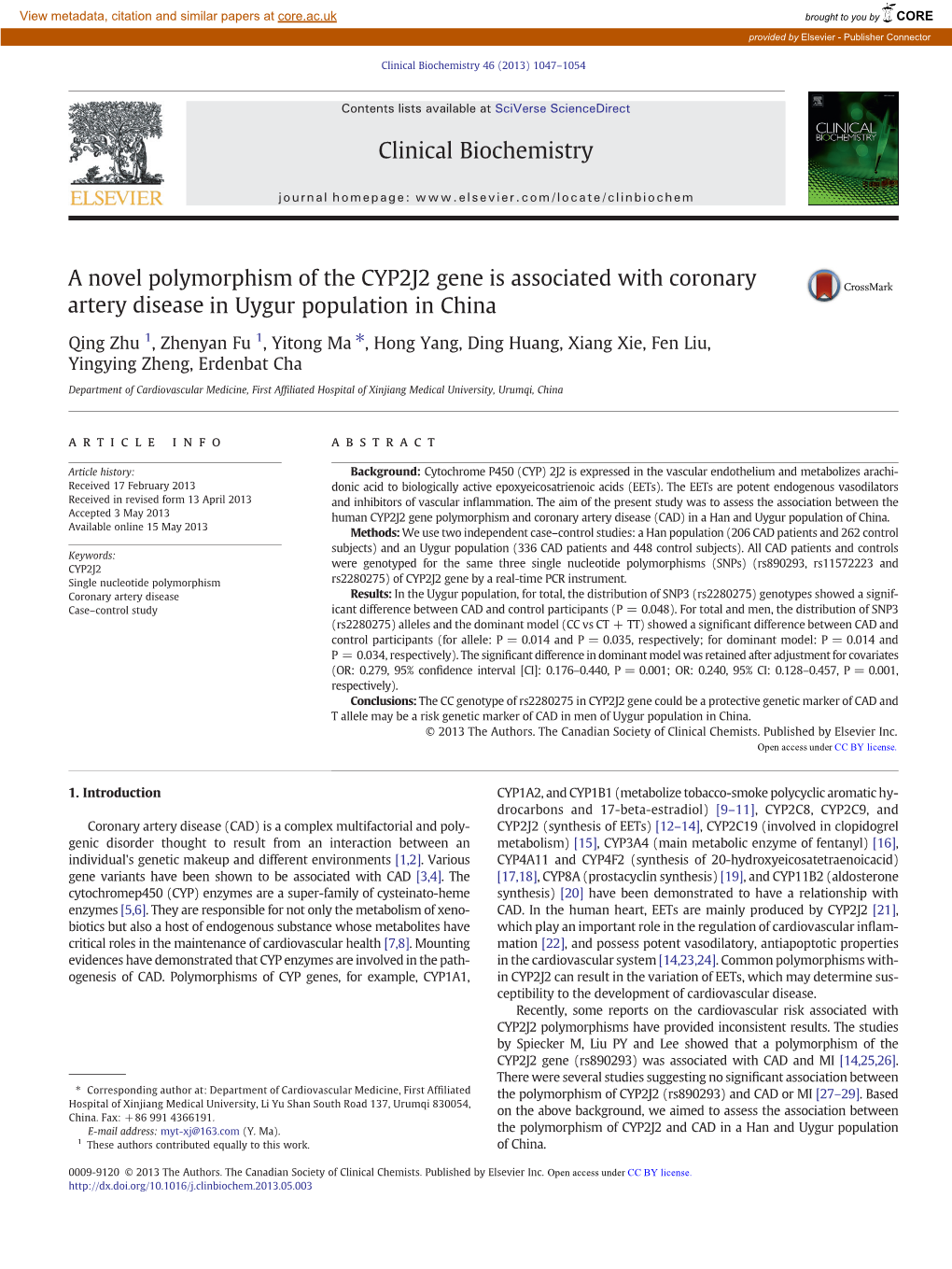 A Novel Polymorphism of the CYP2J2 Gene Is Associated with Coronary Artery Disease in Uygur Population in China