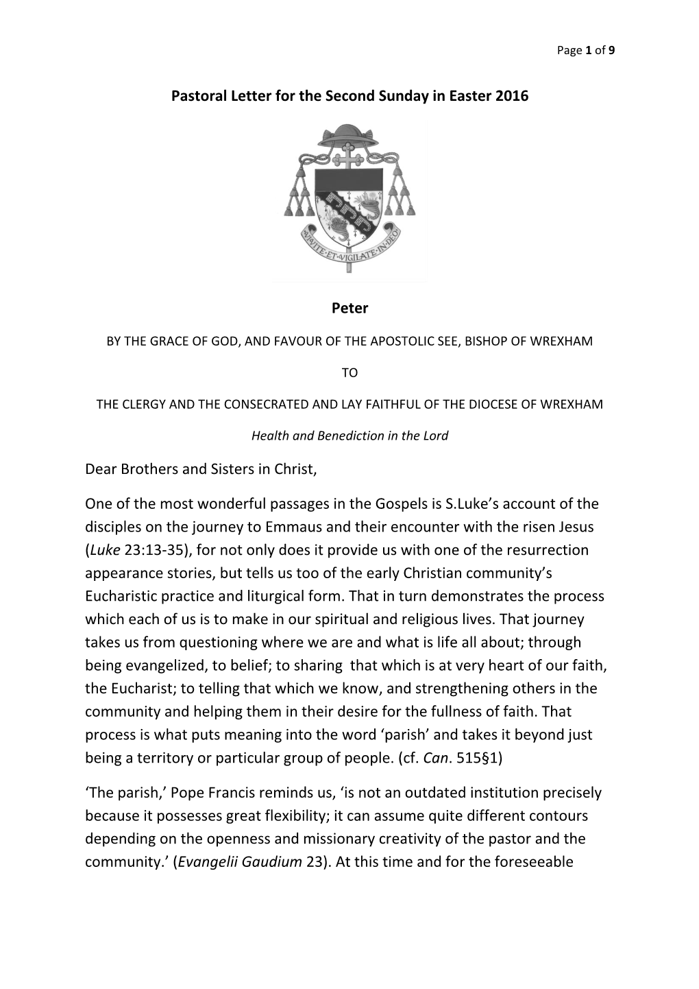 Pastoral Letter for the Second Sunday in Easter 2016