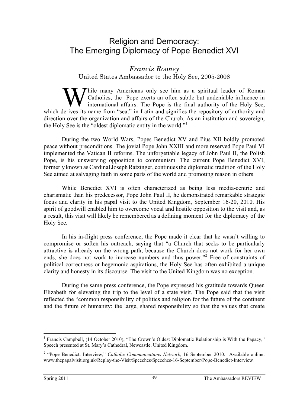 The Emerging Diplomacy of Pope Benedict XVI