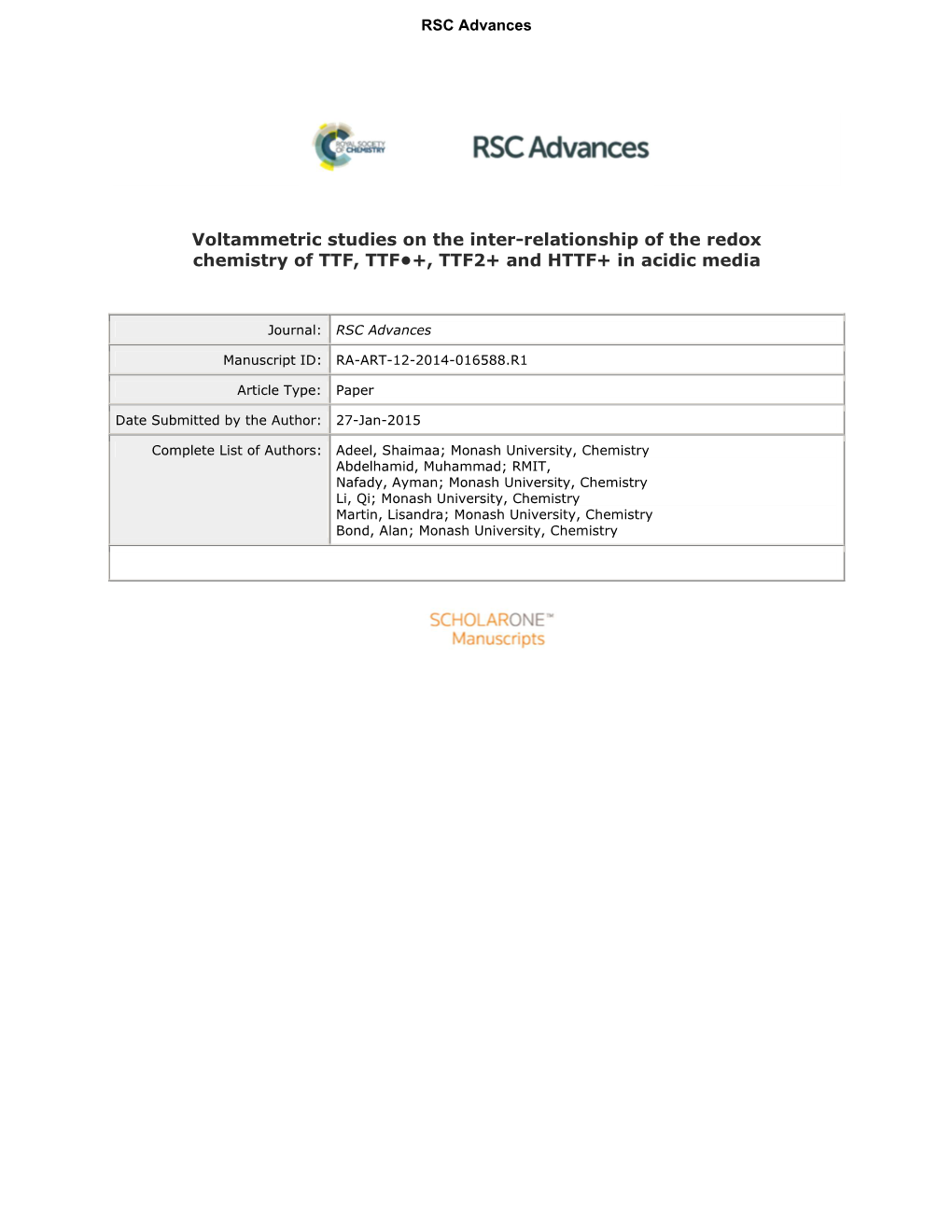 Voltammetric Studies on the Inter-Relationship of the Redox Chemistry of TTF, TTF •+ , TTF 2+ and Cite This: DOI: 10.1039/X0xx00000x HTTF + in Acidic Media