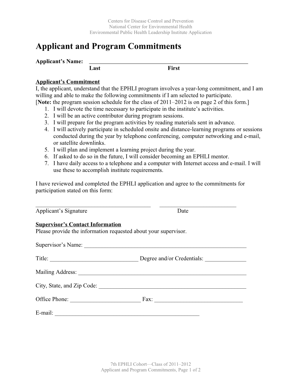 EPHLI Applicant And Program Commitments