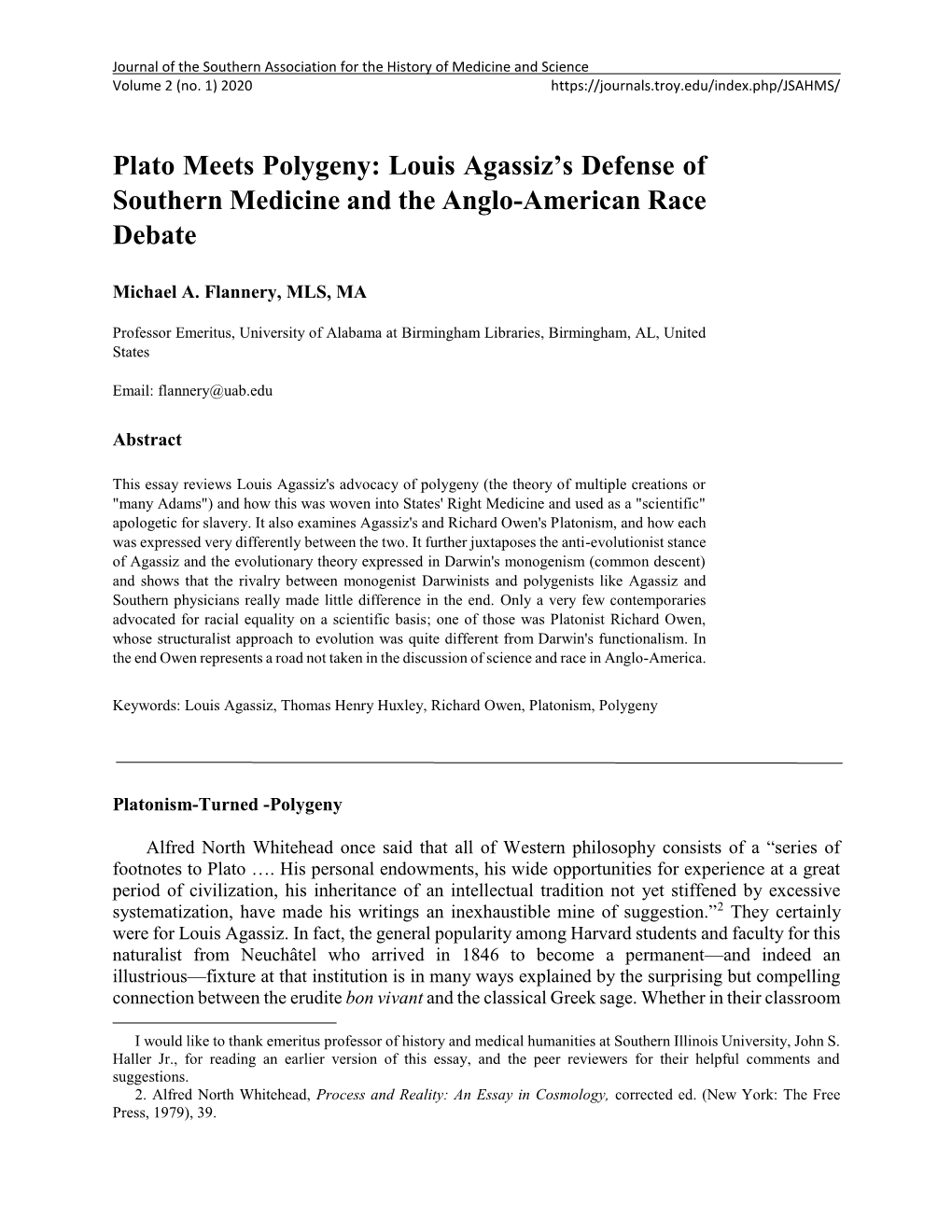 Plato Meets Polygeny: Louis Agassiz's Defense of Southern Medicine And