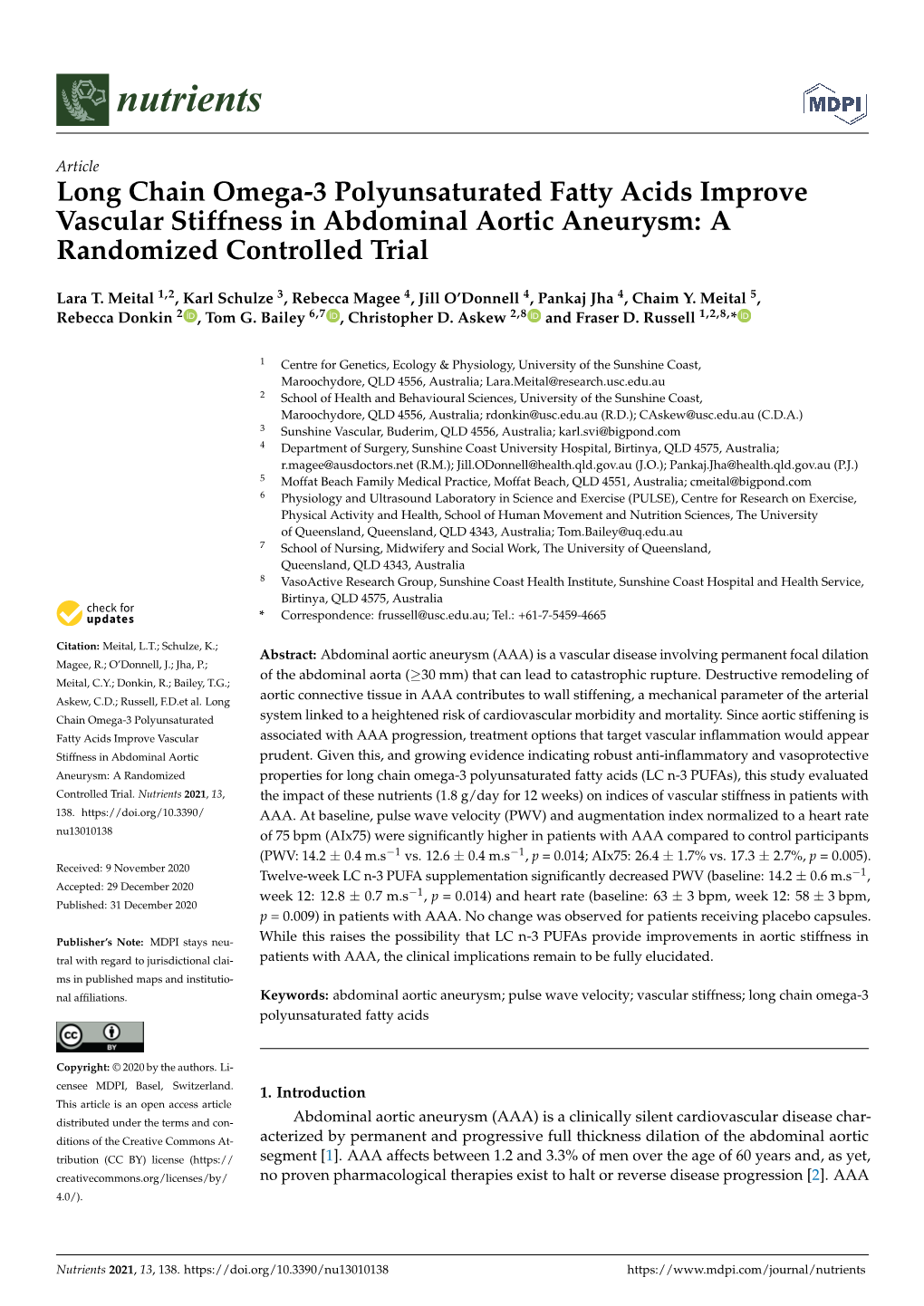 Long Chain Omega-3 Polyunsaturated Fatty Acids Improve Vascular Stiffness in Abdominal Aortic Aneurysm: a Randomized Controlled Trial