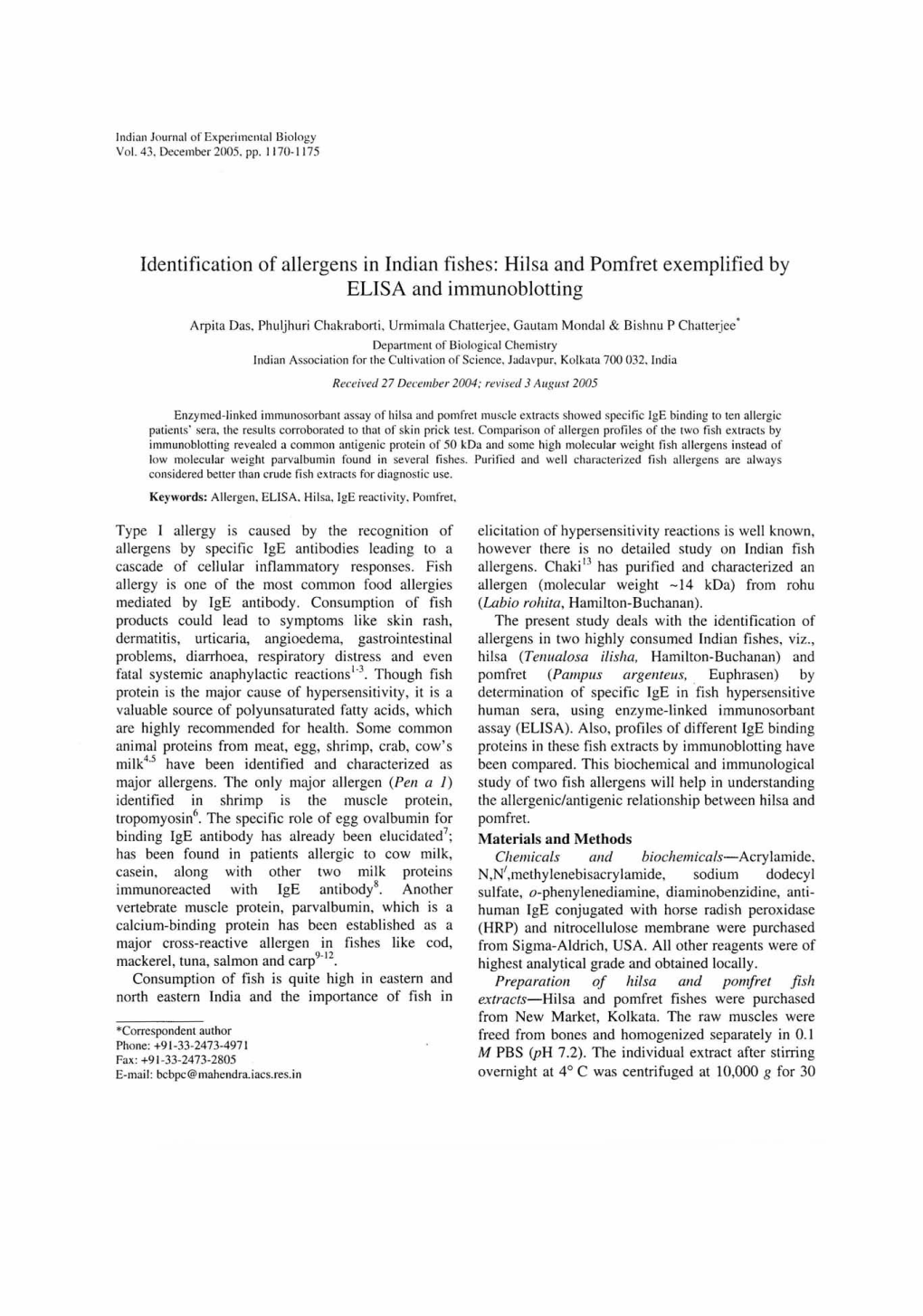 Identification of Allergens in Indian Fishes: Hilsa and Pomfret Exemplified by ELISA and Immunoblotting