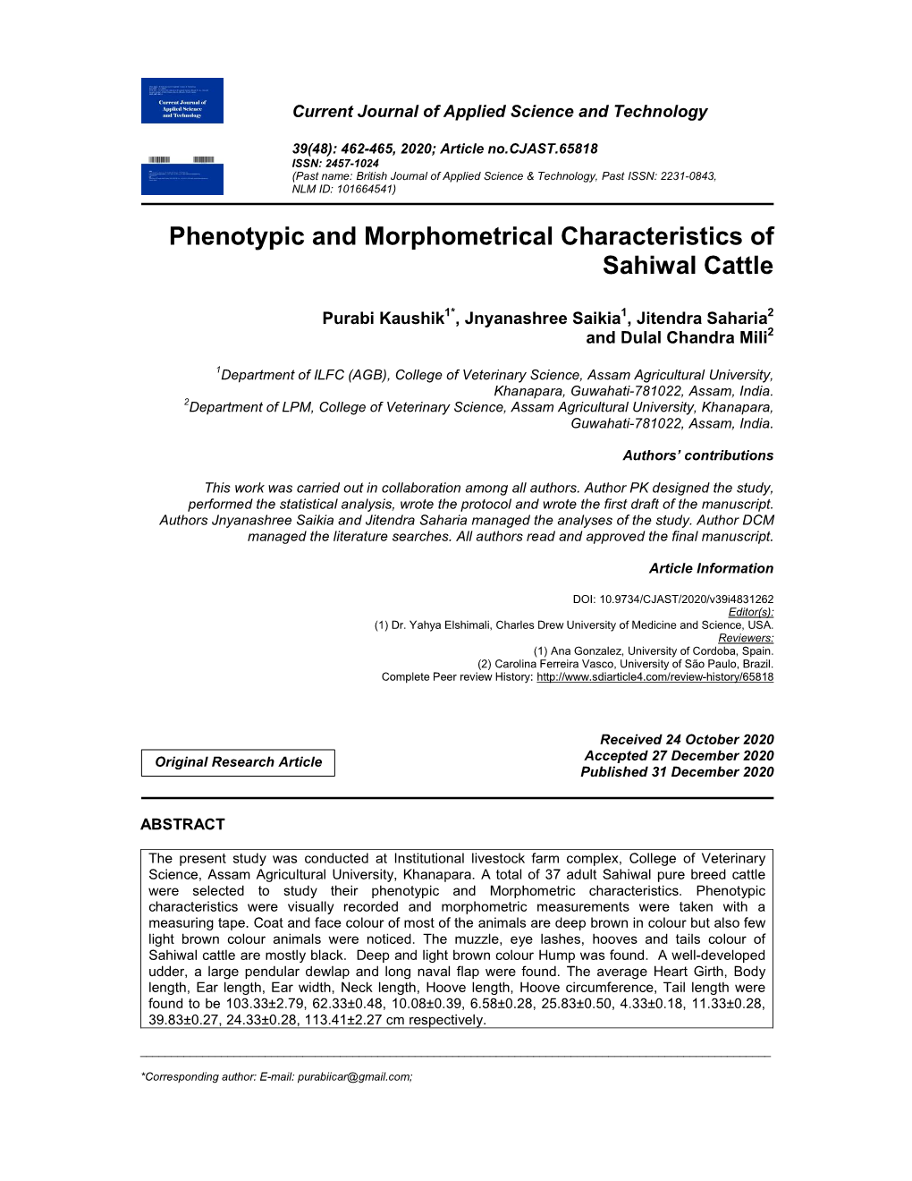 Phenotypic and Morphometrical Characteristics of Sahiwal Cattle