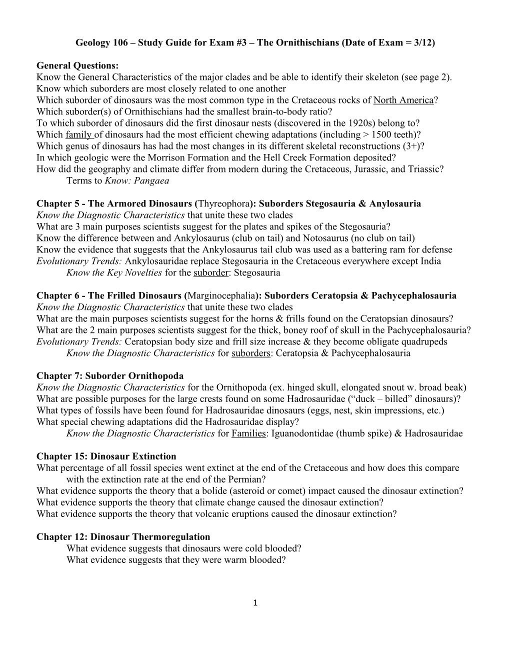 Geology 106 Study Guide for Exam #3 the Ornithischians (Date of Exam = 3/12)