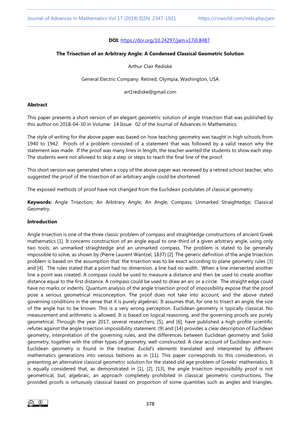 The Trisection of an Arbitrary Angle: a Condensed Classical Geometric Solution