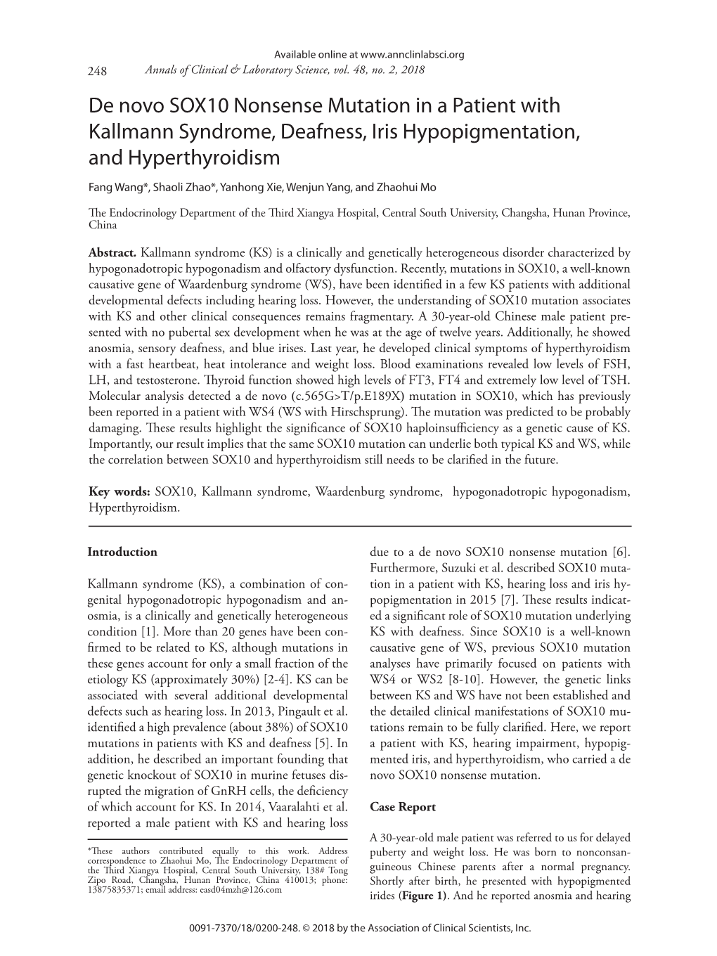 De Novo SOX10 Nonsense Mutation in a Patient with Kallmann Syndrome, Deafness, Iris Hypopigmentation, and Hyperthyroidism