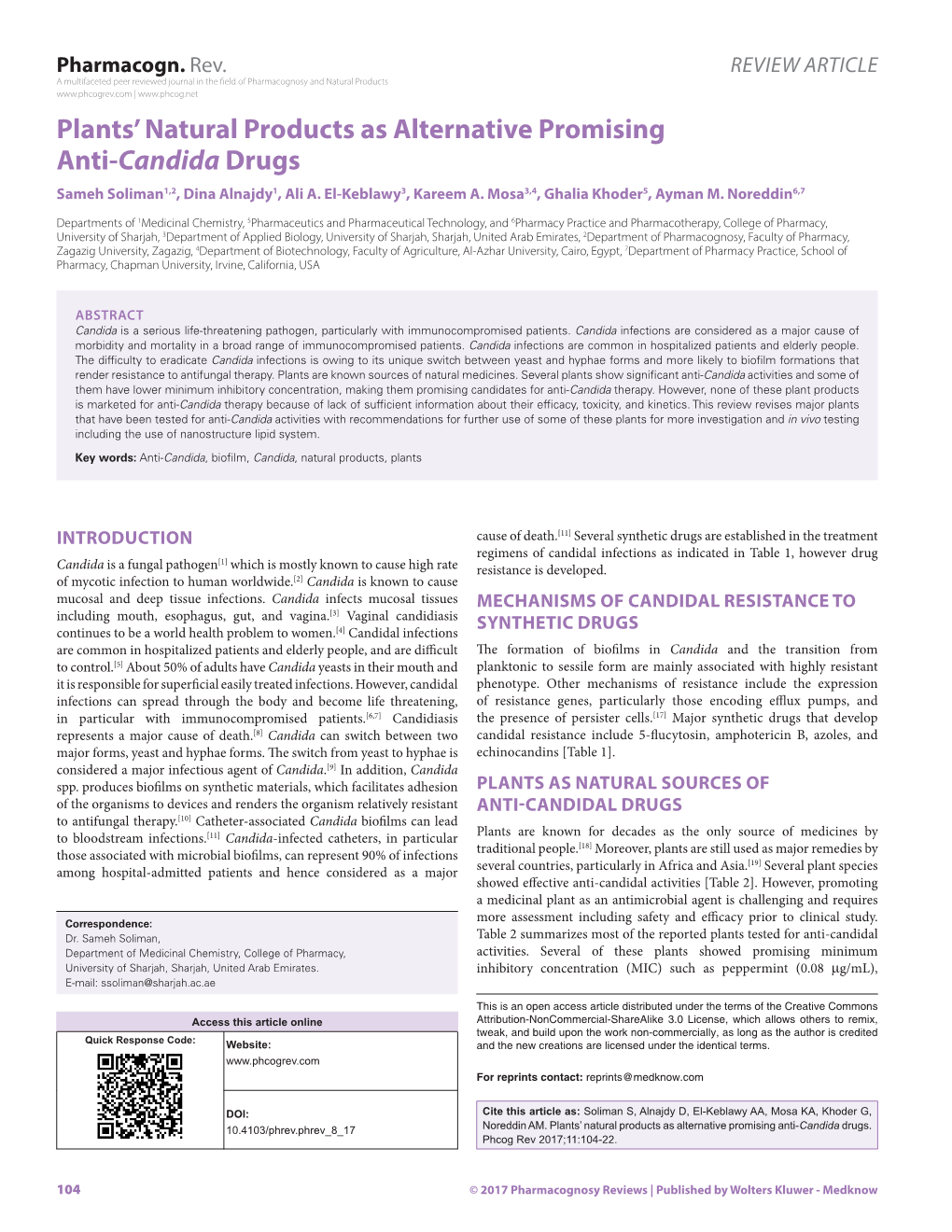 Plants' Natural Products As Alternative Promising Anti-Candida Drugs