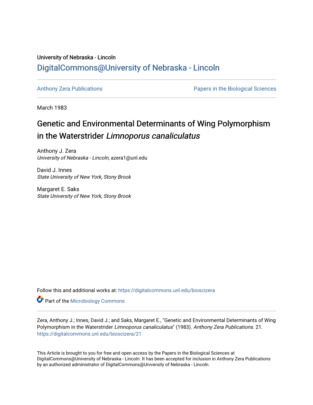 Genetic and Environmental Determinants of Wing Polymorphism in the Waterstrider Limnoporus Canaliculatus