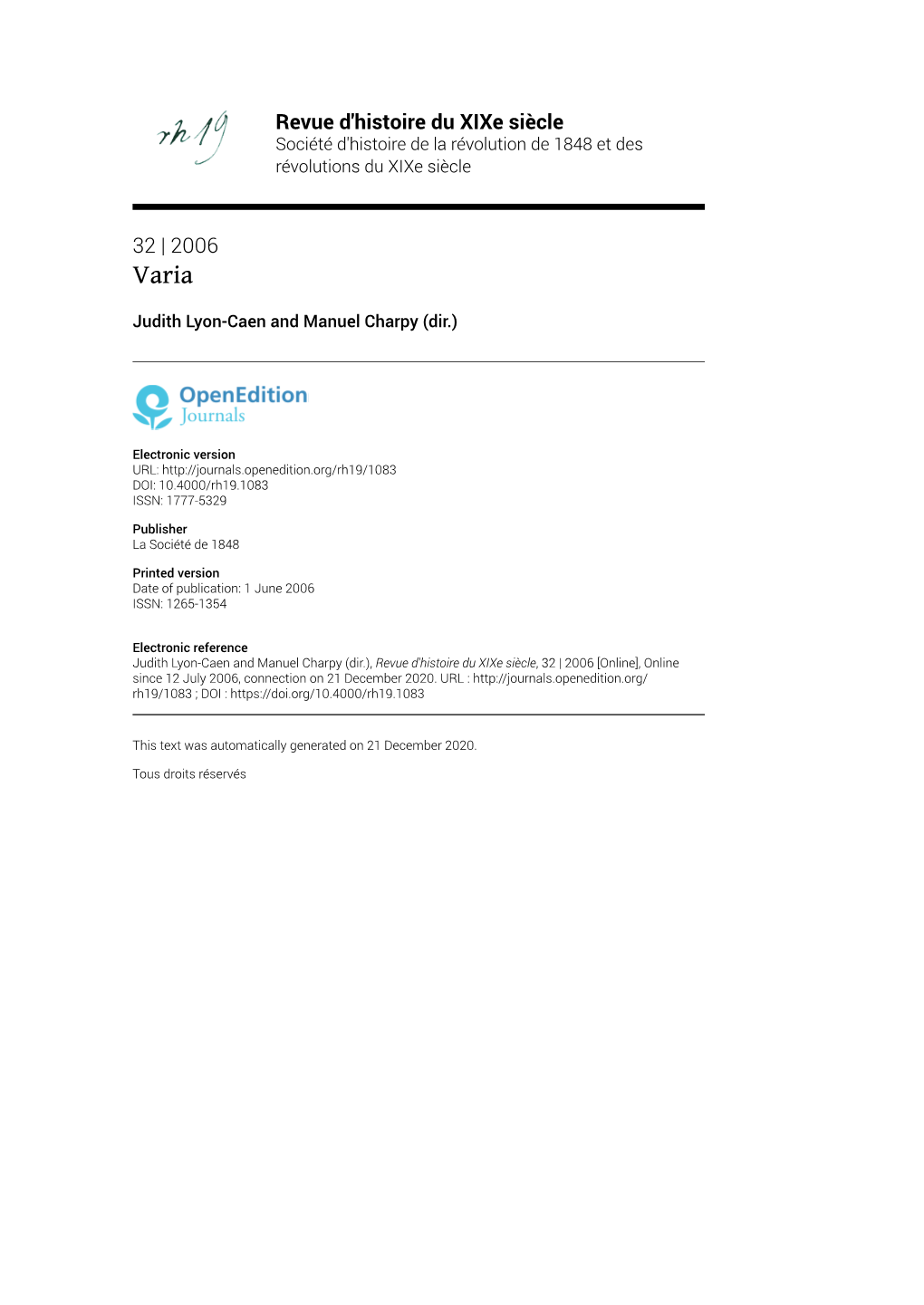 Revue D'histoire Du Xixe Siècle, 32 | 2006 [Online], Online Since 12 July 2006, Connection on 21 December 2020